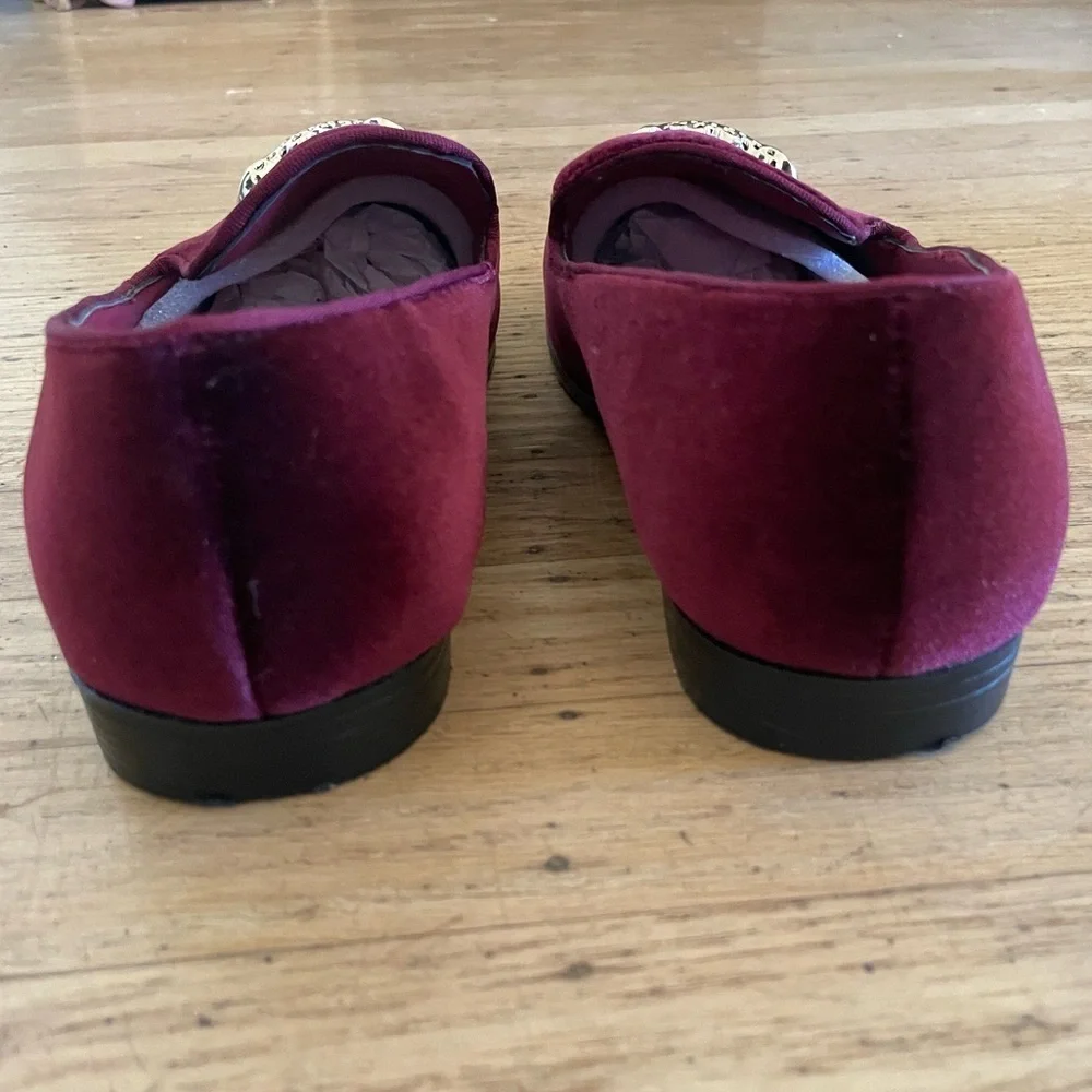 Burgundy Velvet Loafers with Leopard Accent